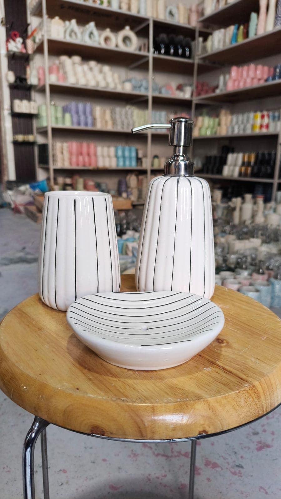 White Pinstripe Bathroom Set